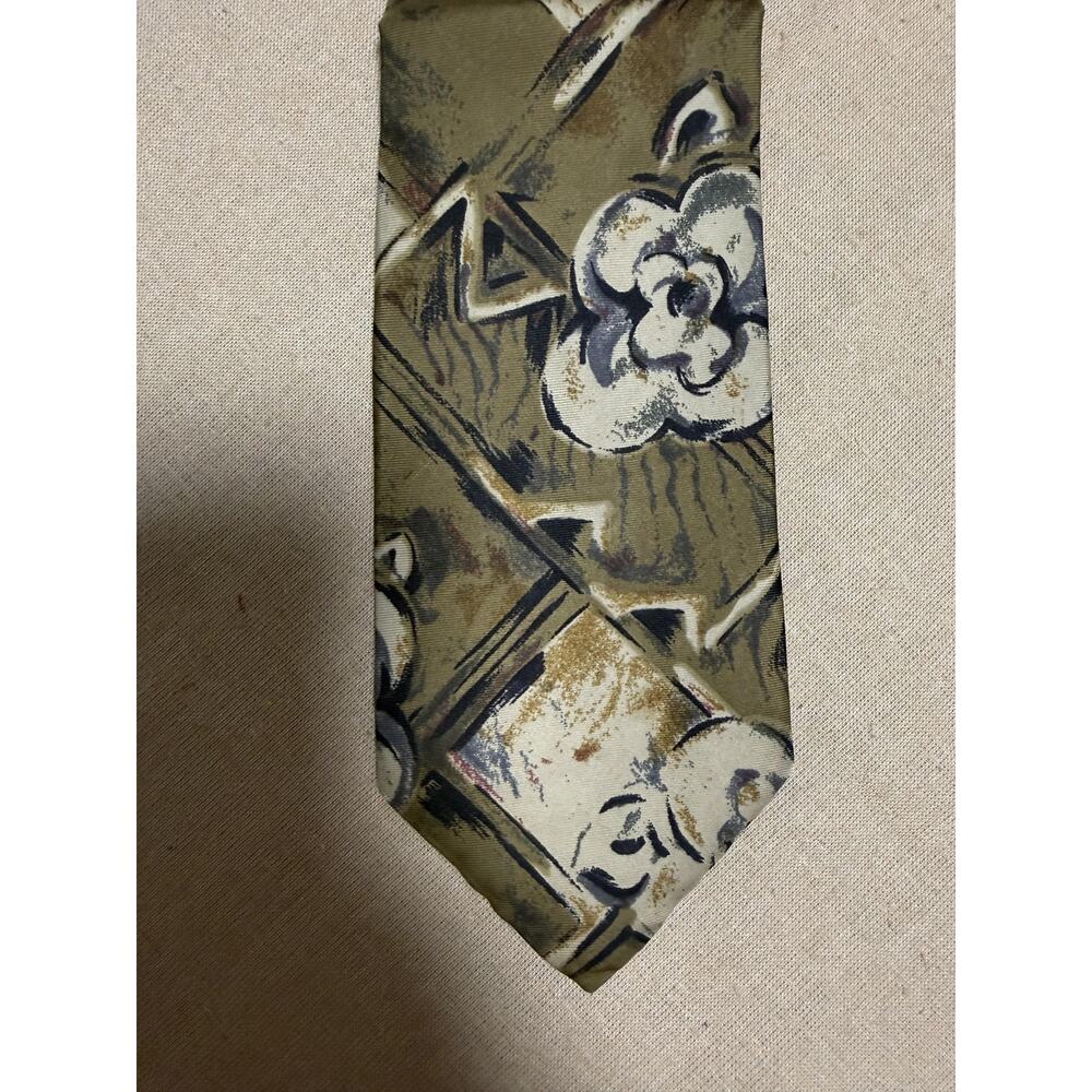Christian Dior Monsieur Tie Mens Silk Olive Abstract Floral Geometric Made USA